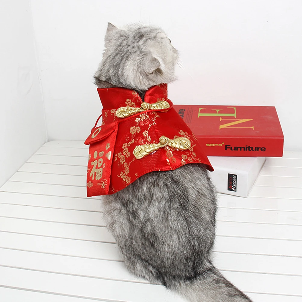 

1pc Thickened Red Chinese Style Pet Cloak Dog Clothes For Small Dogs New Year Costume Apparel Easy Wear Warm Outdoor Walking