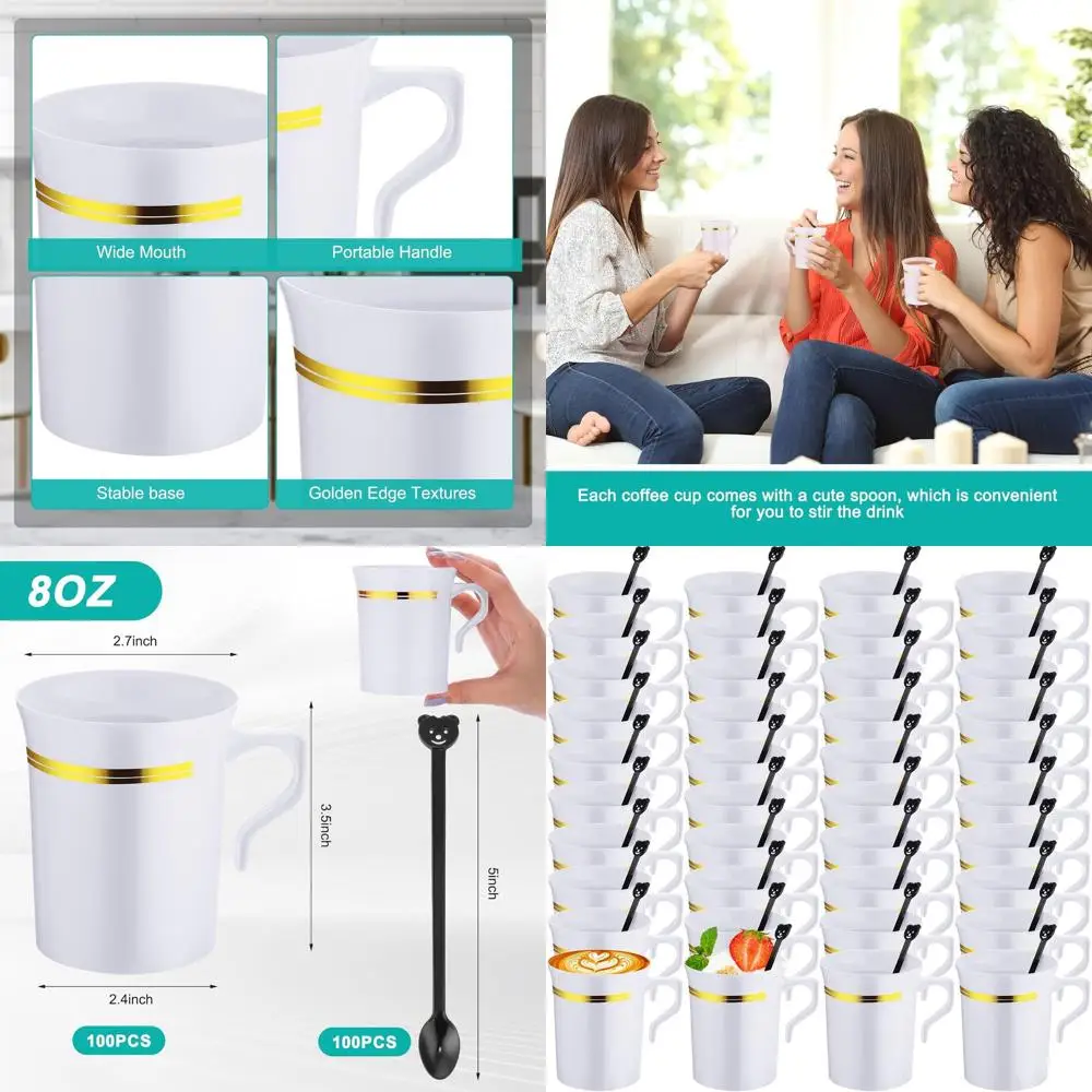 

100 шт. многоразовых белых пластиковых стаканов для кофе объемом 8 унций с ручкой, ложкой и золотым ободком для эспрессо, чая, кафе и кондитерских.