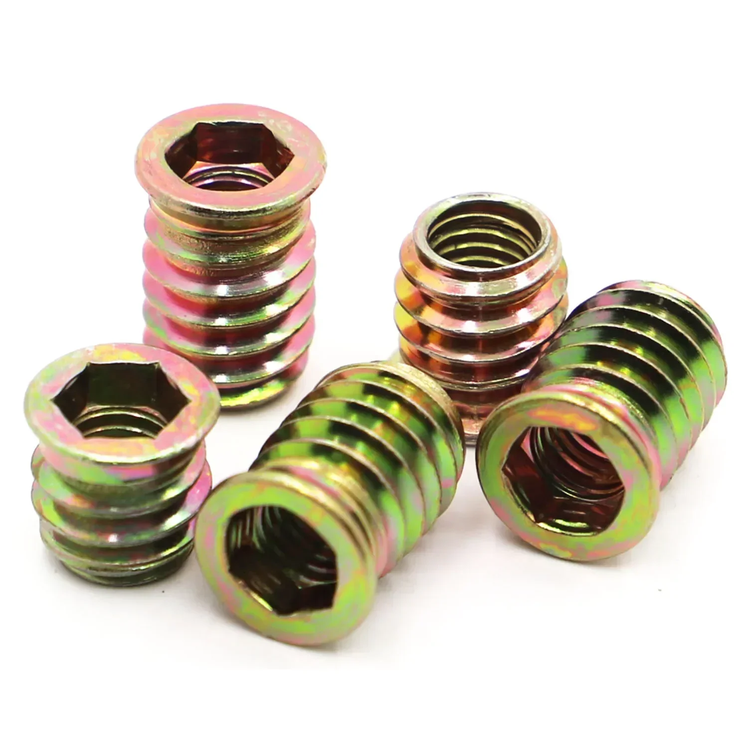 10pcs Zinc Plated Carbon Steel Thread For Wood Insert Nut Hex Flanged Drive Head Furniture Pre Embedded Nuts M6 M8 M10