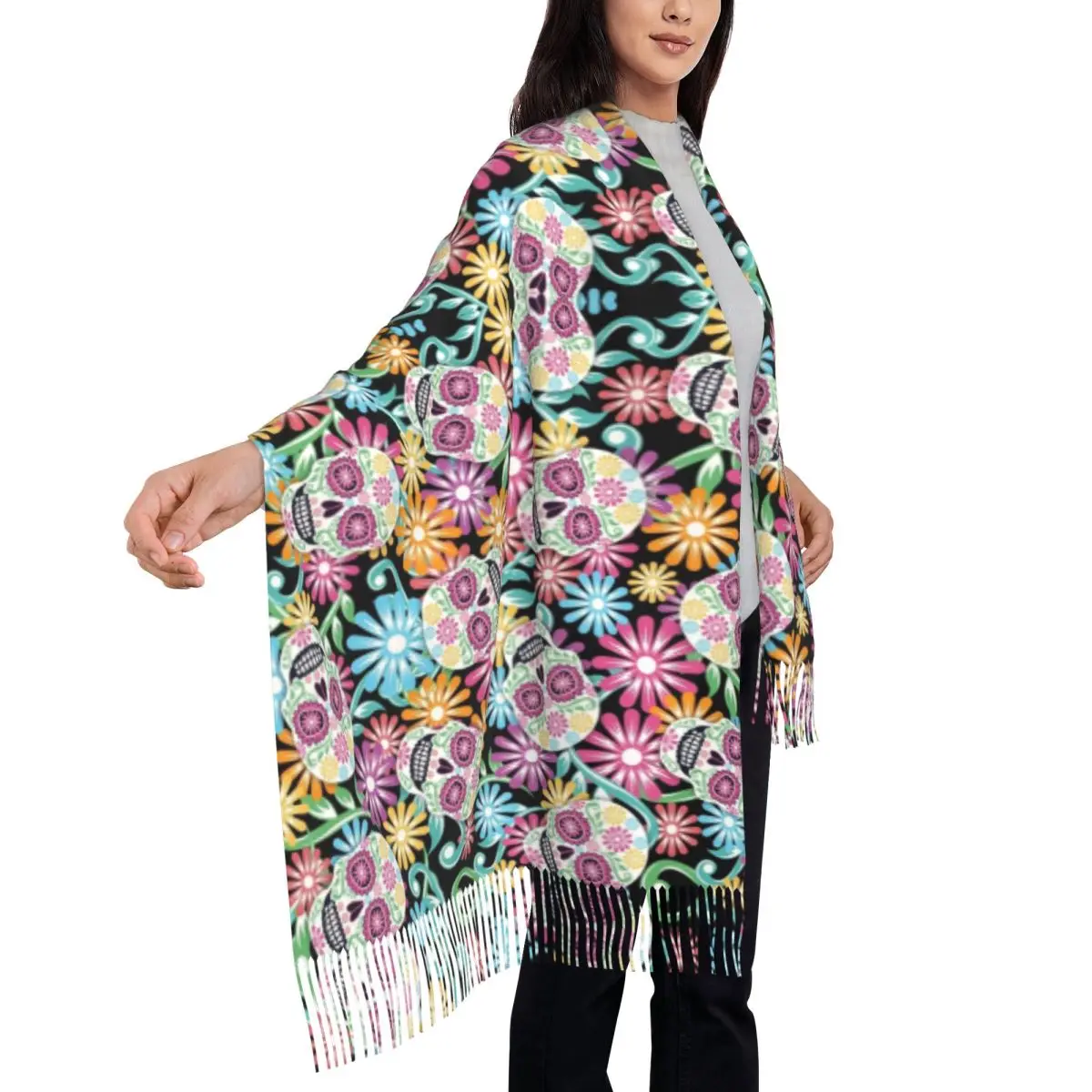 Bufanda de calavera de azúcar del Día de los muertos, chales de Pashmina cálidos de invierno, chal grande de calavera de azúcar, bufanda de flores coloridas para damas