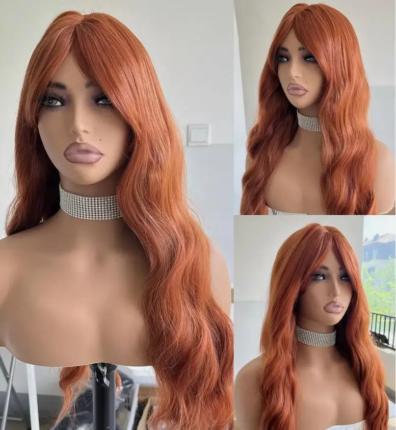 

Cosplay Wigs With Bangs Copper Red Long Wavy Synthetic Hair Heat Resistant