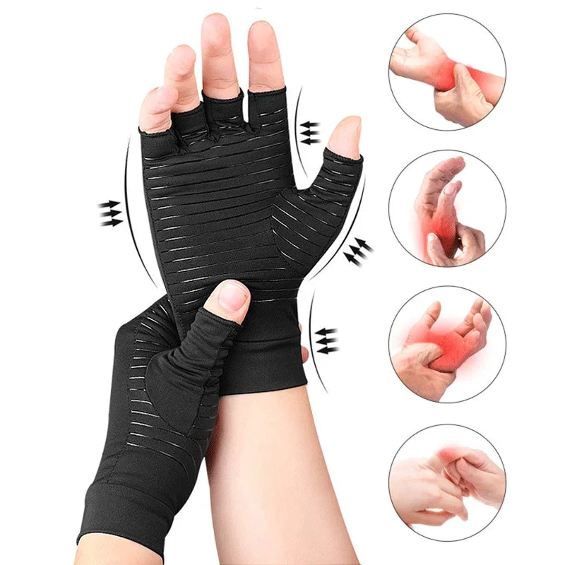 1 Pair Compression Gloves Hand Copper Arthritis Gloves Joint Pain Relief Half Finger Anti-slip Therapy Gloves For Womens Mens