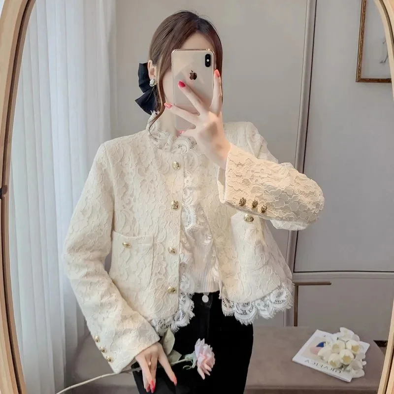 

Female French Celebrity Style Elegance Splicing Short Cardigan Coat Autumn Women Small Fragrance Lace Edge Jacket Trend XQ143