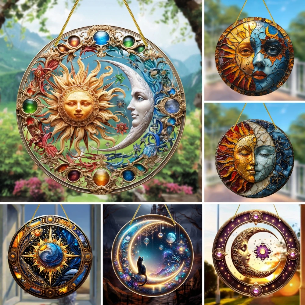 Sun and Moon God, Yin and Yang Aesthetic Art, Sun Catcher, Sunshade, Stained Window Hanging,acrylic Creative Round Wreath Sign