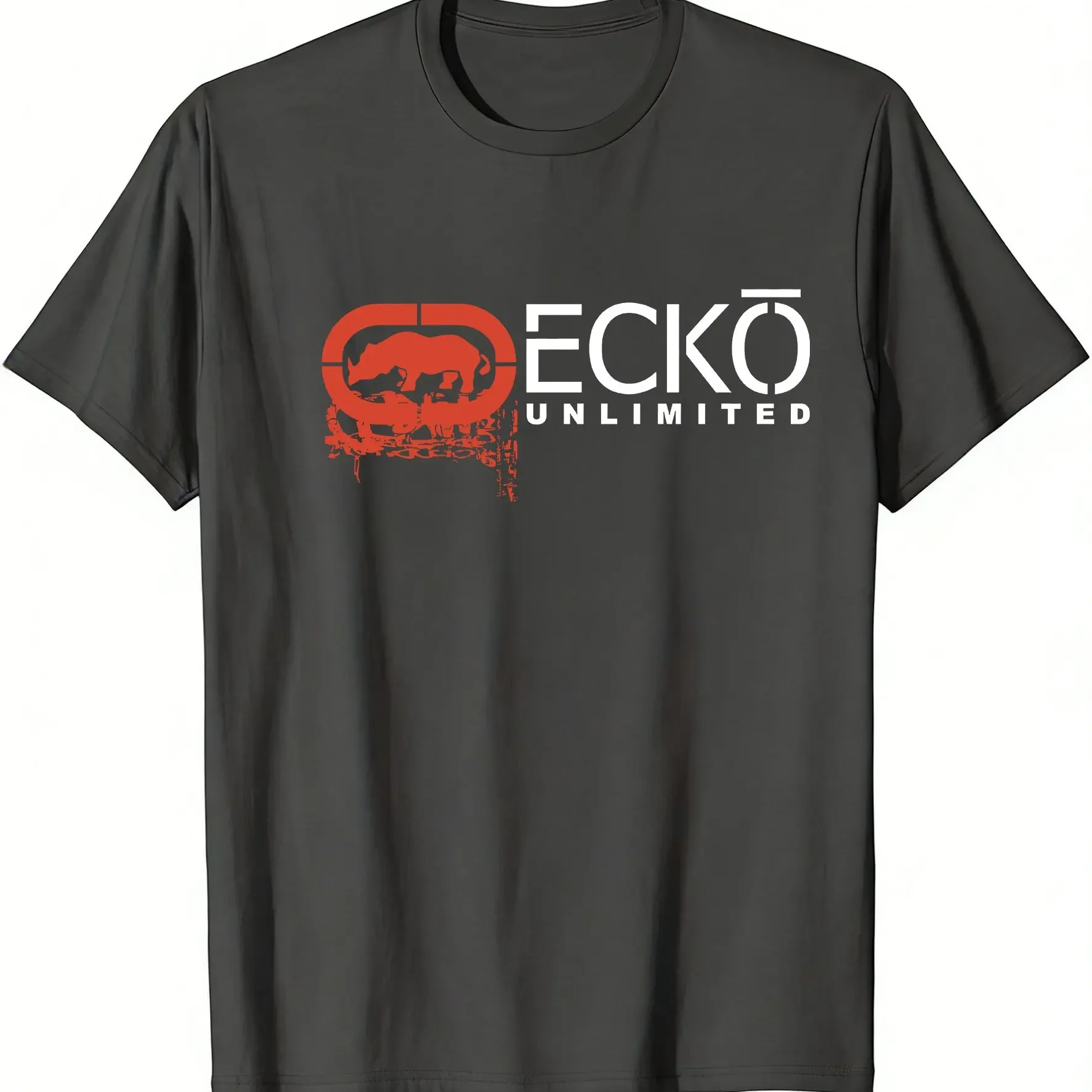 Men Ecko Distressed Grunge Split Oval Rhino Combined Letter Tee Unlimited Slogan Retro Hip Hop Cotton Short Sleeve