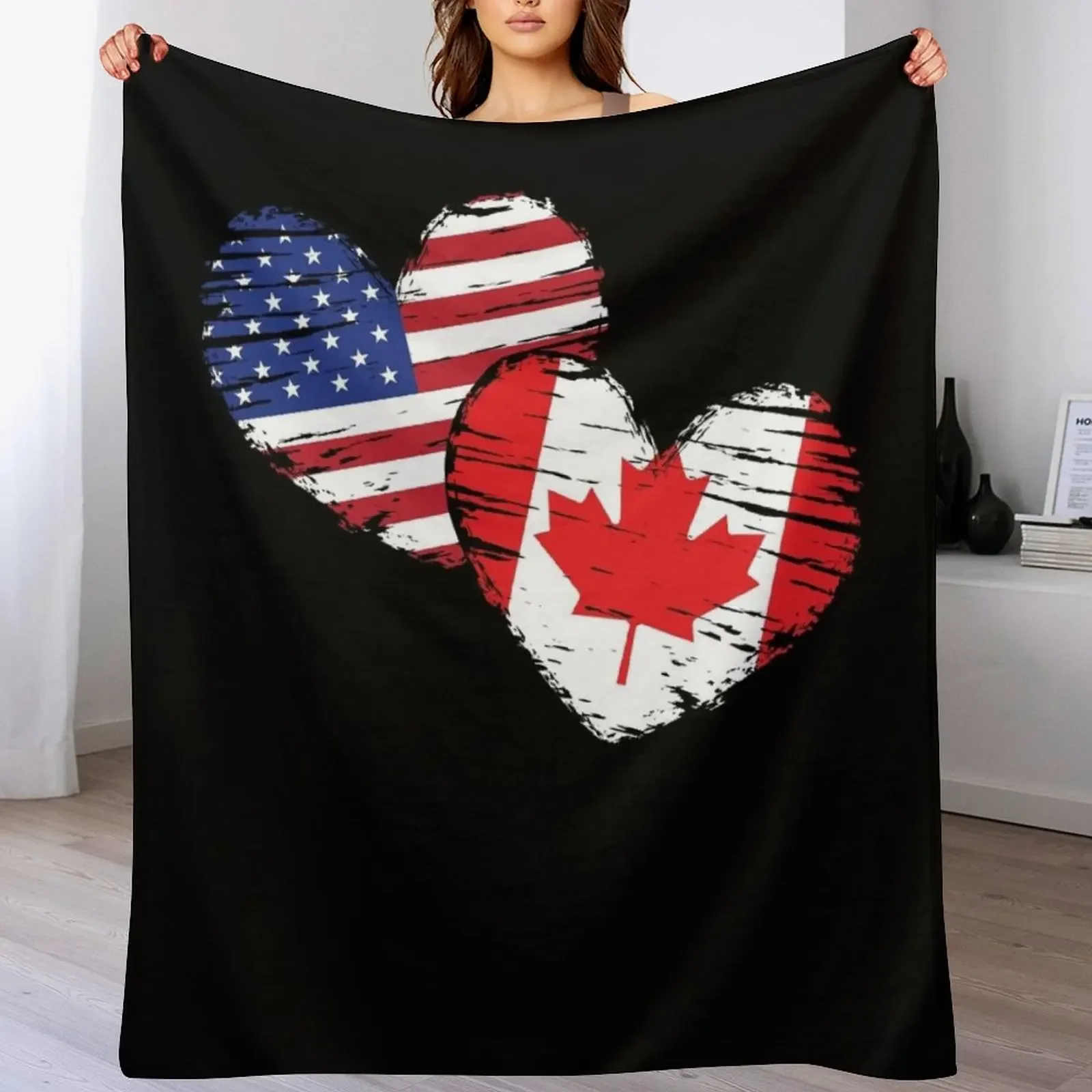 

Canadian USA Hearts Canada Throw Blanket Personalized Gift Polar Summer Extra Large Throw Blankets