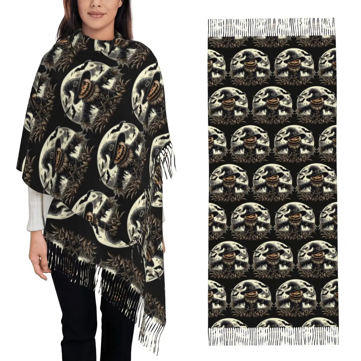 Halloween Pumpkin Scarecrow Guardian Scarf Tassel Scarves Women Soft Warm Shawls and Wraps Large Fall Winter Shawl Wrap