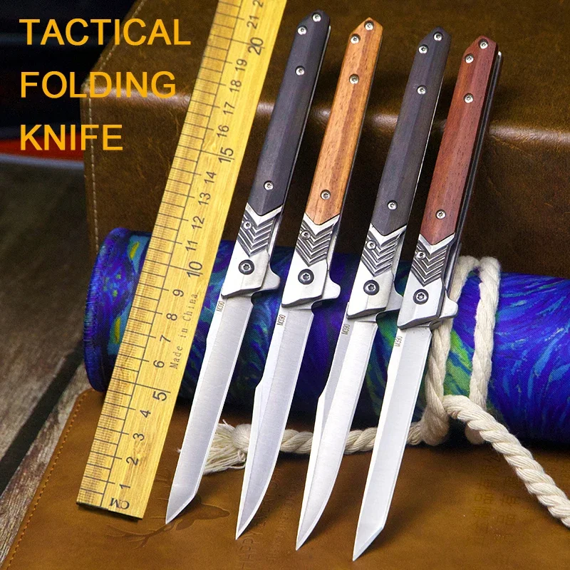 New stainless steel magic pen knife natural wood handle portable folding knife Mini hunting camping knife EDC free leather case