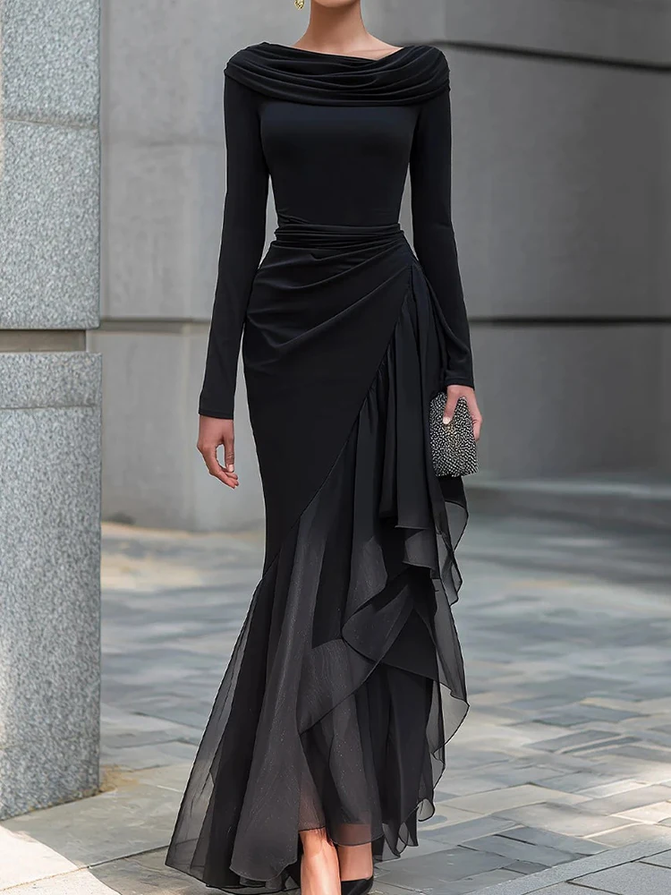Women's Elegant Slash Neck Slim Fit Maxi Dress Spring Autumn Holiday Long Sleeve Solid Ruffles Patchwork Party Irregular Dress