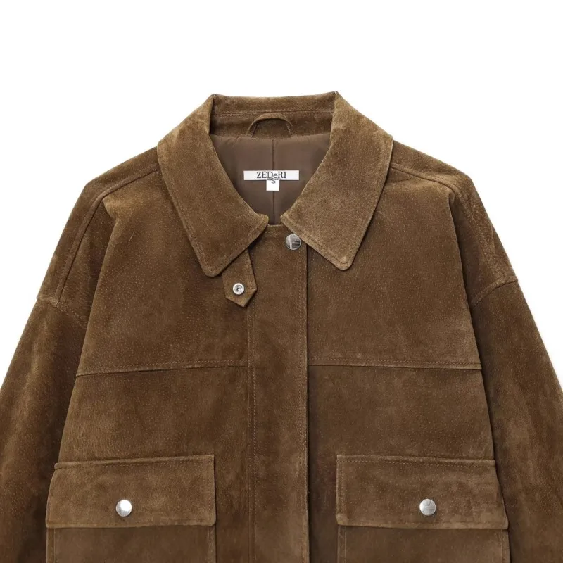 

Women's Brown Suede Jackets Casual Loose Lapel Zipper Pockets Long Sleeve Female Coats 2025 Autumn Vintage Lady Commute Outwear