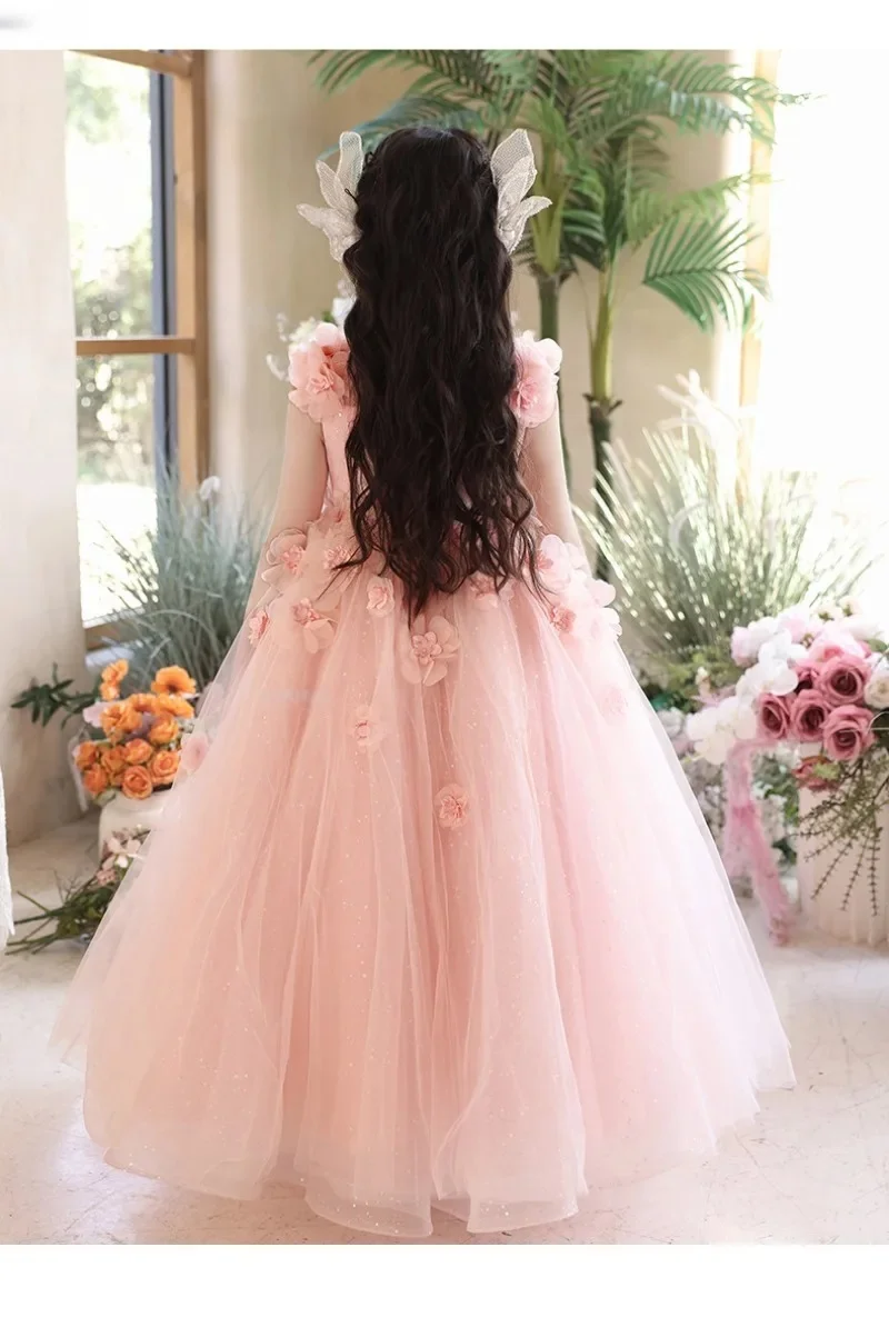 Maßgefertigtes Luxuriöses 3D-Blumen Ärmelloses Tüll-Blumenmädchenkleid Hochzeits-Brautjungfernkleid für Kinder Geburtstagsfeier Schönheitswettbewerb Laufsteg-Show