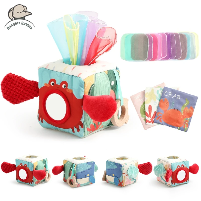 Baby Montessori Toy Cotton Magic Tissue Box Finger Exercising Busy Board Game Cartoon Crab Soft Rattle Game Baby Cloth Book Gift