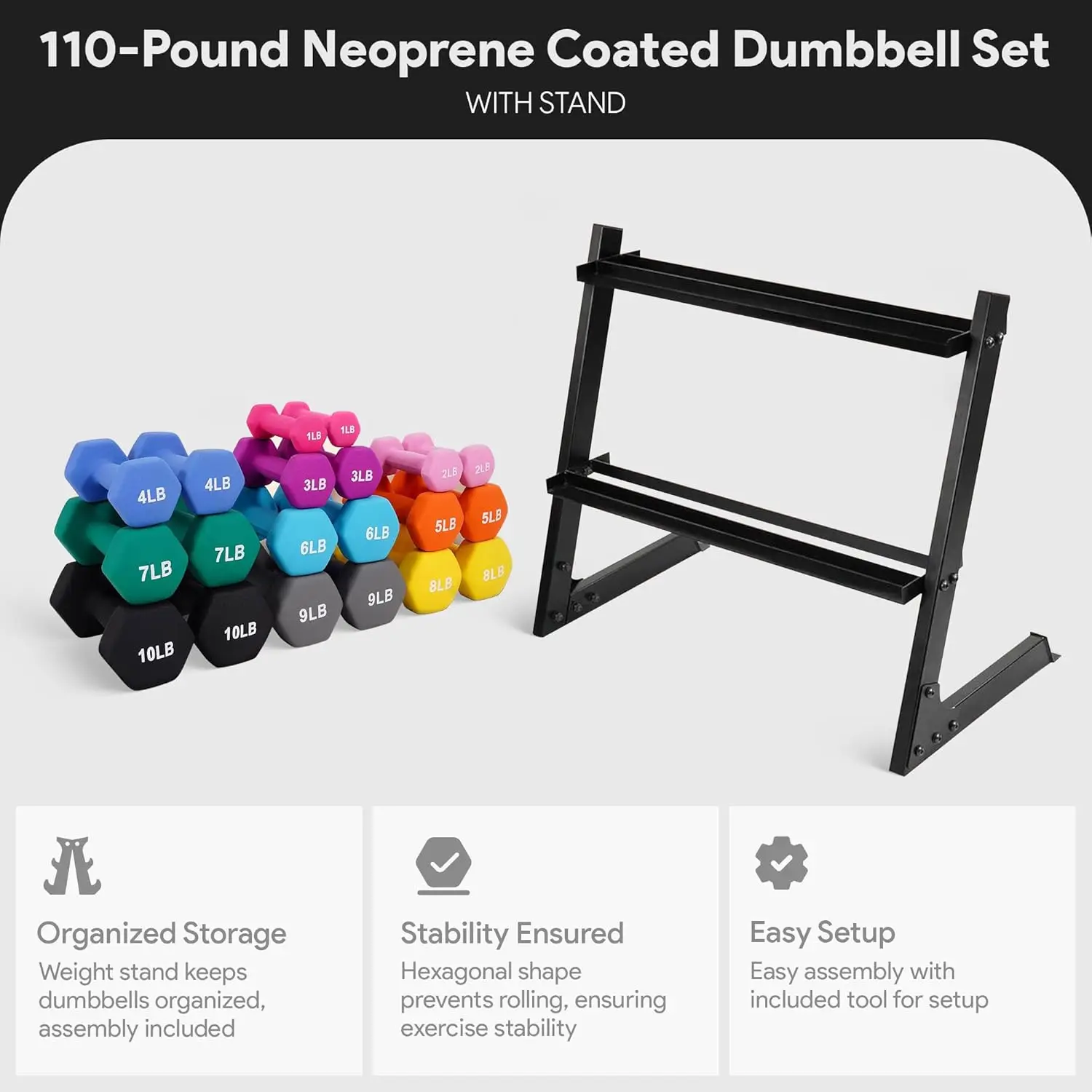 Hex Dumbbell Set with Stand and Neoprene Coating