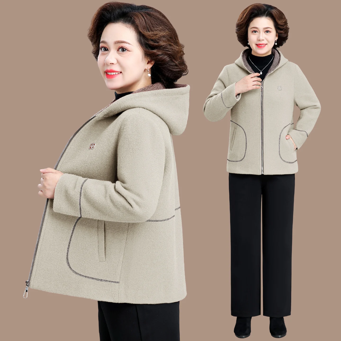 

Faionable Woolen Coat Spring Autumn Loose Fit for Middle-Aged Women Warm Zipper Closure Casual Sle Korean Faion