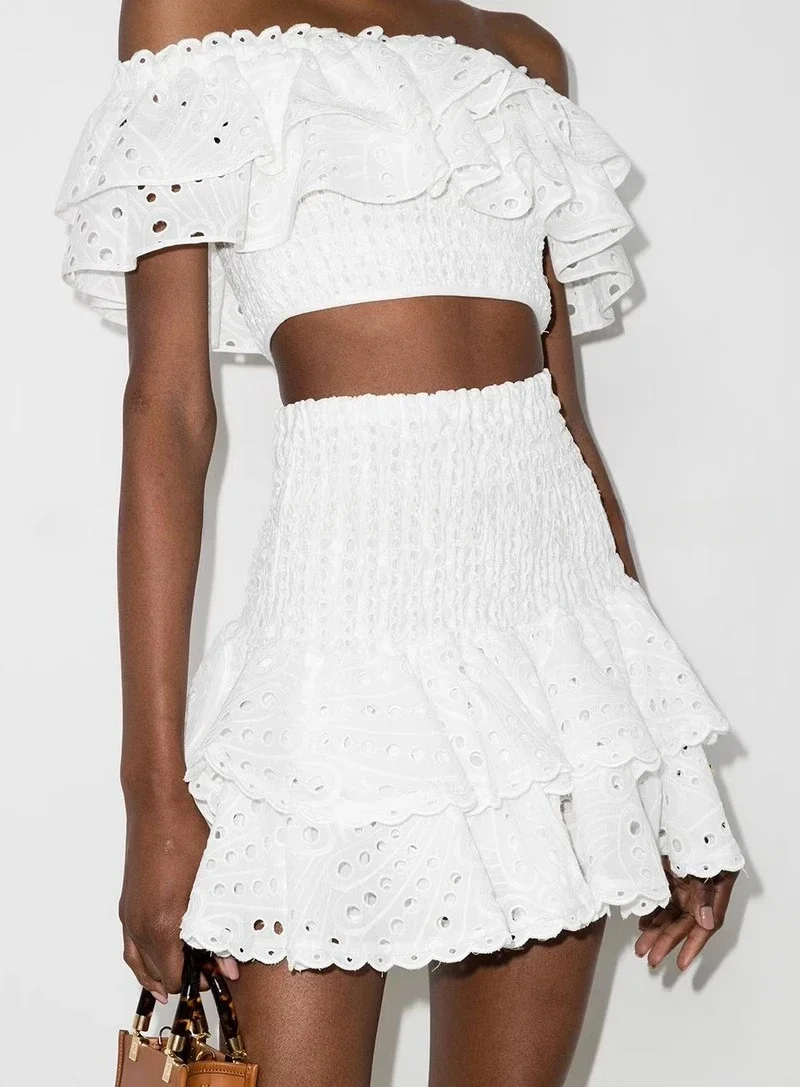 

Runway Design White Two Piece Sets Women Summer Holiday Off The Shoulder Cropped Tops and Skirt Streetwear Embroidery Skirt Sets