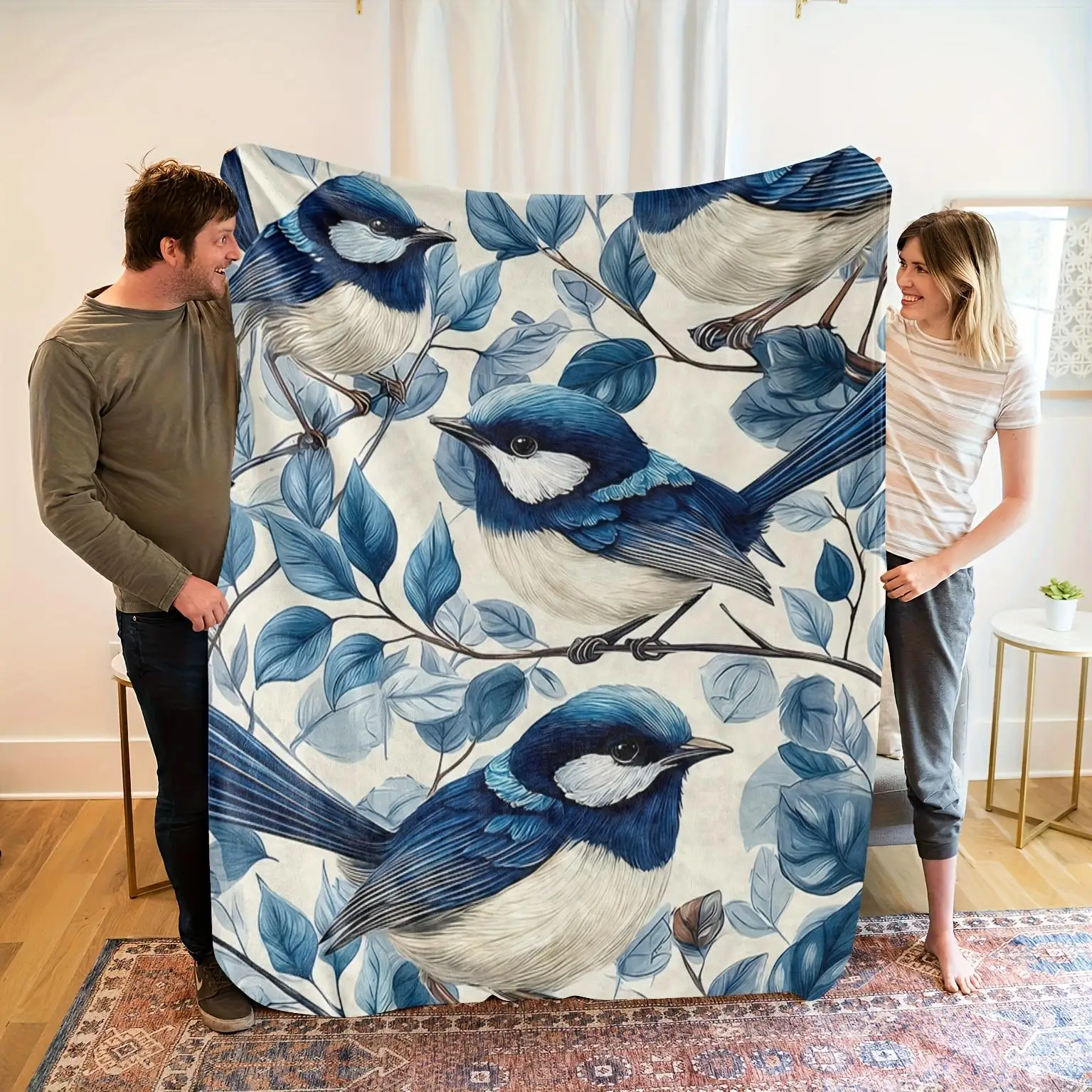 Blue Bird Fleece Blanket Nature Art Design Soft Cozy Throw Home Decor for Living Room or Bedroom Gift for Bird Lovers80x100
