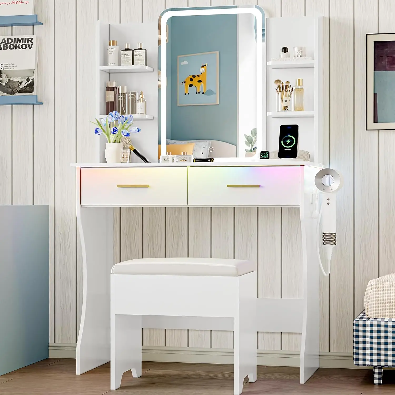 Vanity Desk with LED Lights Mirror & Power Outlet, Small Makeup Vanity Table Set with Storage Drawers & Chair, 3 Lighting