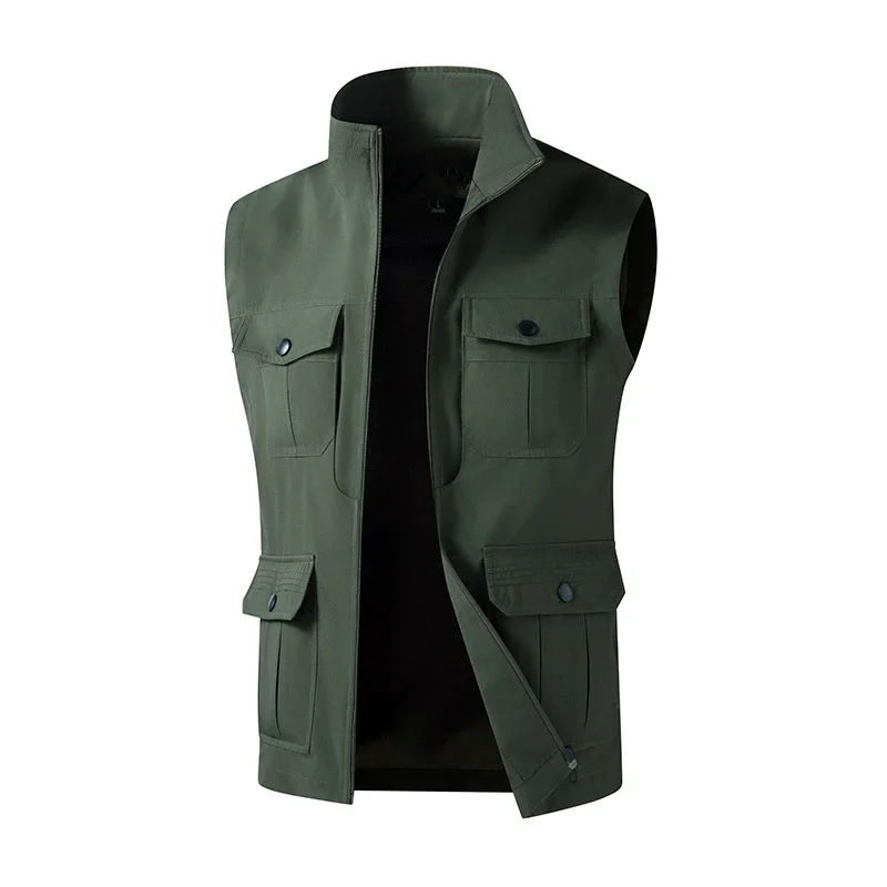 メンズノースリーブカーゴベスト、多ポケット、スタンドカラー、軽量カジュアルワークウェア、釣り、ハイキング、写真撮影用ジャケット、プラスサイズ
