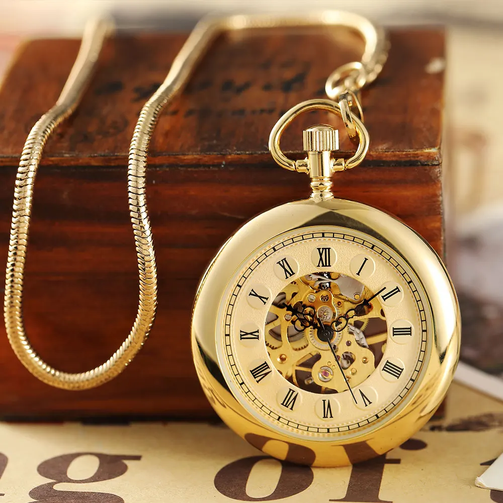 Luxury Golden Smooth Mechanical Pocket Watch Roman Numerals Hand Winding Pocket Watch Stainless Steel Fob Clock Chain Pendant