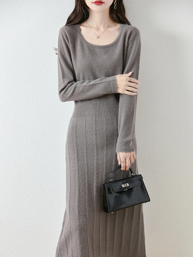 Women's pure wool knitted long skirt, casual, fashionable, comfortable, U-neck, loose, 2024 autumn and winter new clothing