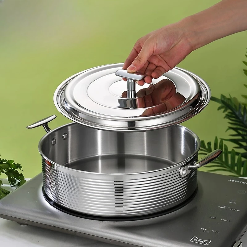 

Thickened 304 Stainless Steel Hot Pot Soup Pot Large Capacity Commercial Use Dual Handle Induction Compatible 3 Layer Steel