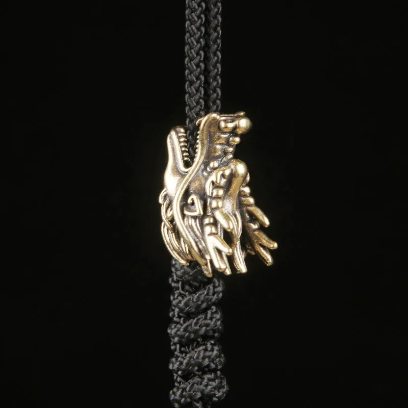 Handmade Brass Dragon Head EDC Knife Bead, Retro Chinese Style Paracord Spacer Bead DIY Pendant Keychain Bag Charm Accessories