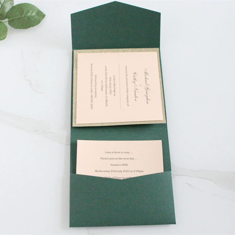 Dark Green and Blush Pink Detailed Pocket Fold Invitation Wedding Birthday With RSVP Personalized Printing 250G Paper 50 Pcs