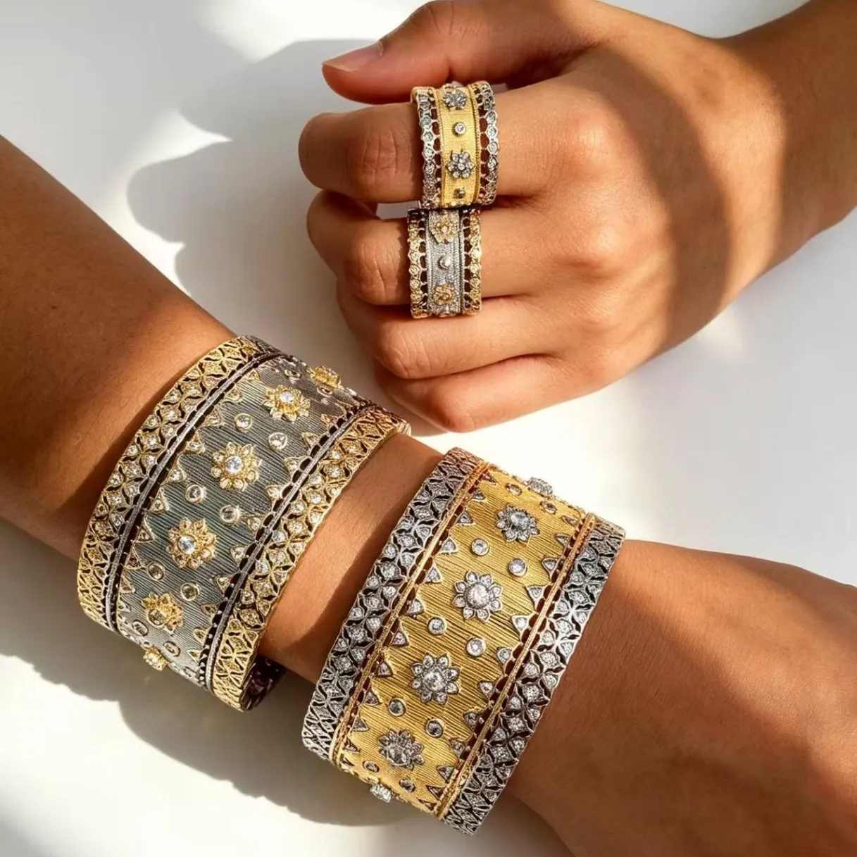 European and American Fashion Retro Two-tone Carved Zircon Bangle and Ring Set - Gold-plated Copper Luxury Jewelry