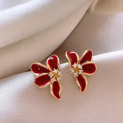 Asymmetric Metal Crystal Dripping Oil Flowers Earrings European American Style Personalized Fashion Stud Earrings Girls Jewelry
