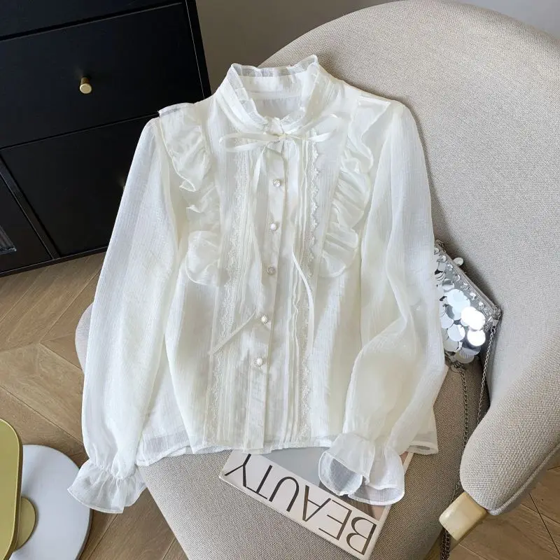 Kimotimo Shirts Women Fairy Bow Bandage Ruffle Stand Collar Chiffon Blouses Autumn New Elegant Sweet Button Up Long Sleeve Tops