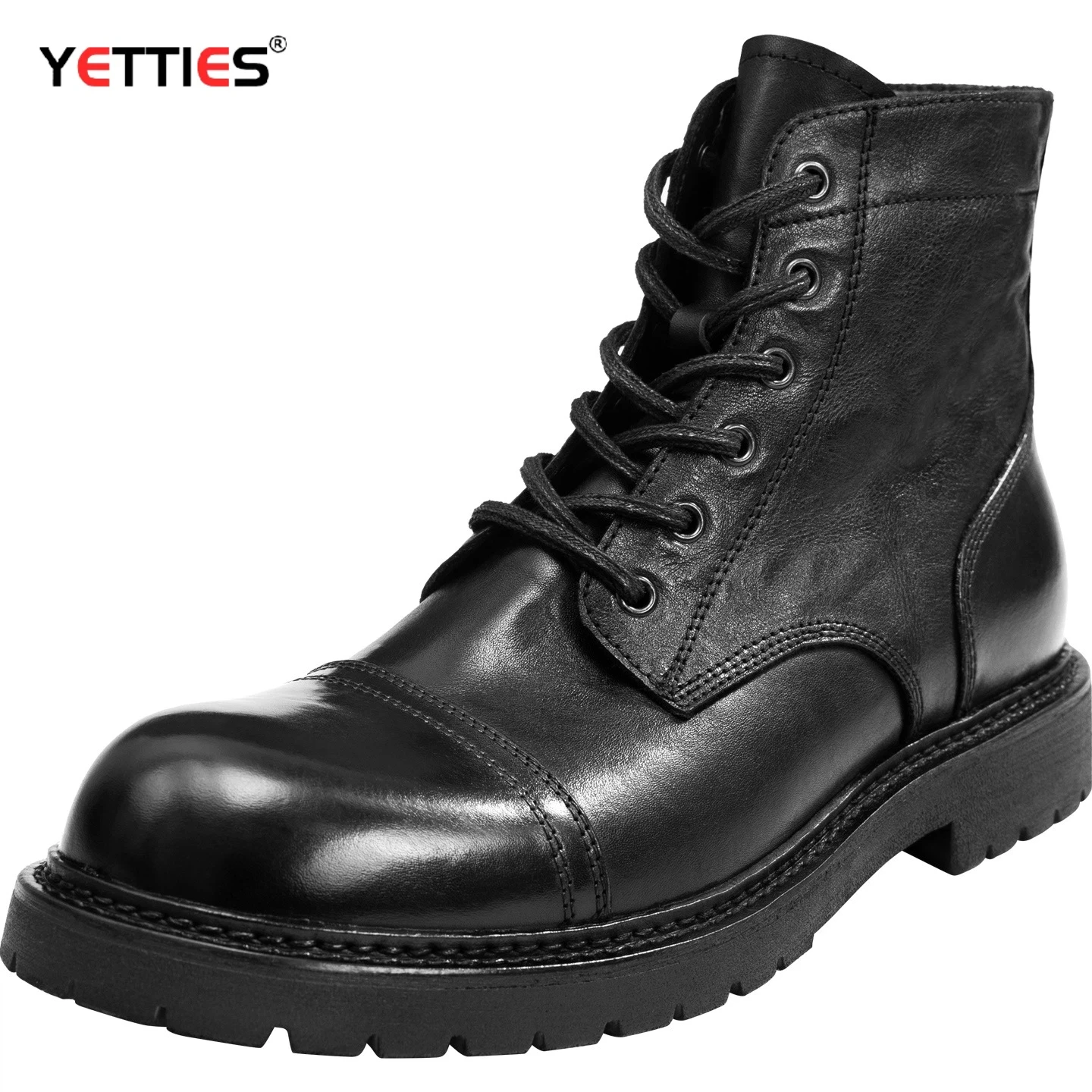 YETTIES British Style Men's Black Leather Lace-Up Ankle Boots | Chunky Platform Height-Increasing Combat Boots with Side Zipper