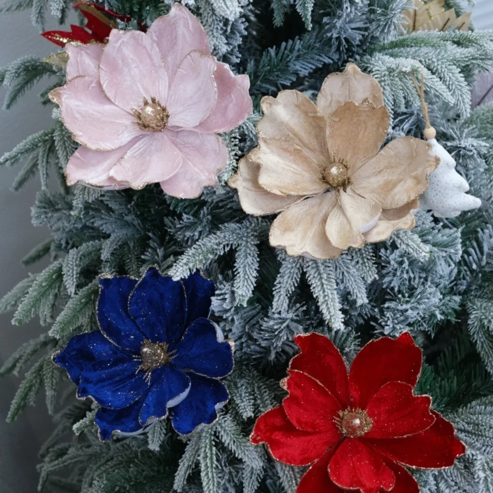 Christmas Gifts Artificial Poinsettia Glitter Flower Xmas Tree Decoration 21cm 3D Simulation Magnolia Sequin Flannel