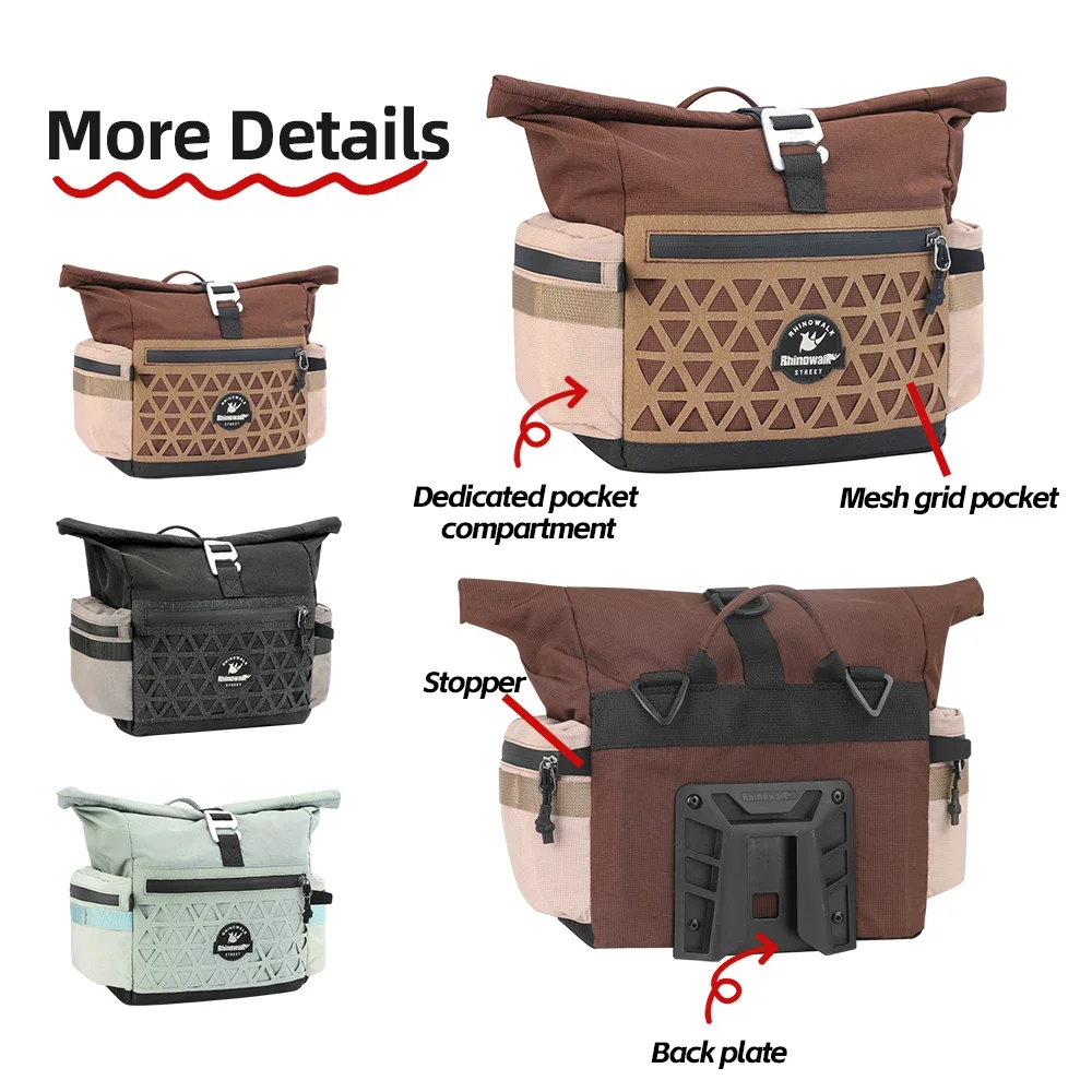 Rhinowalk Folding Bike Handlebar Bag 6.5L Quick Release Bicycle Front Tube Bag With Rain Cover Urban Cycling For Brompton Dahon