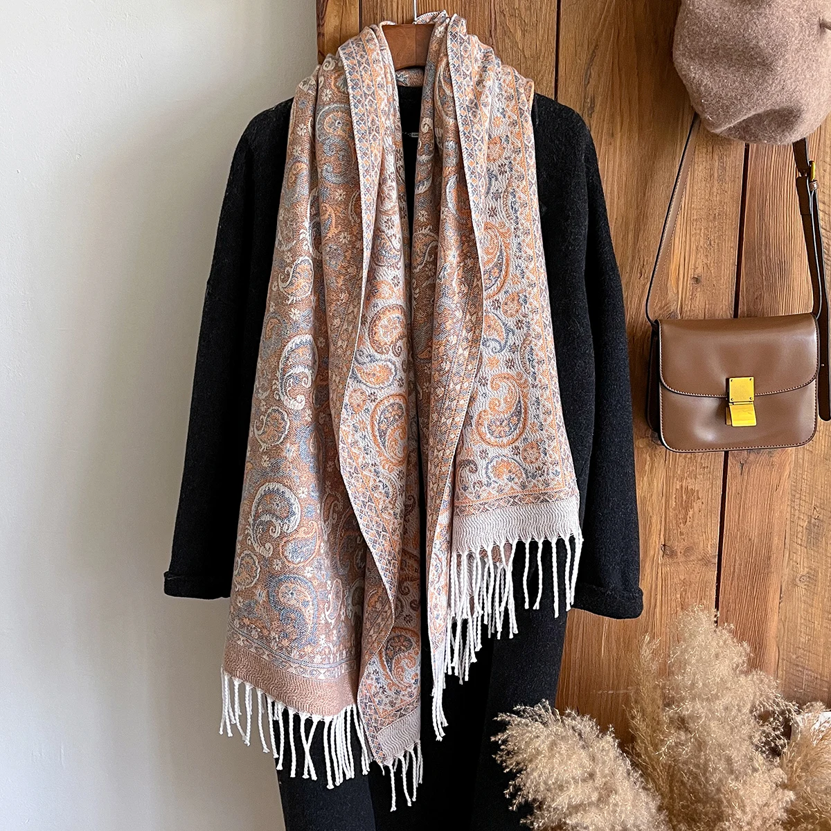 

Брендовый модный зимний теплый кашемировый шарф-женский винтажный цветочный картина с кисточками и принтом маслом, толстая шаль из пашмины и пончо