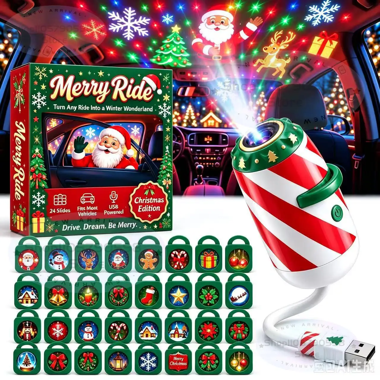 Merry Ride Christmas Projector | Christmas Countdown Gift, USB Car Holiday Projector Light with Christmas Slides for Party