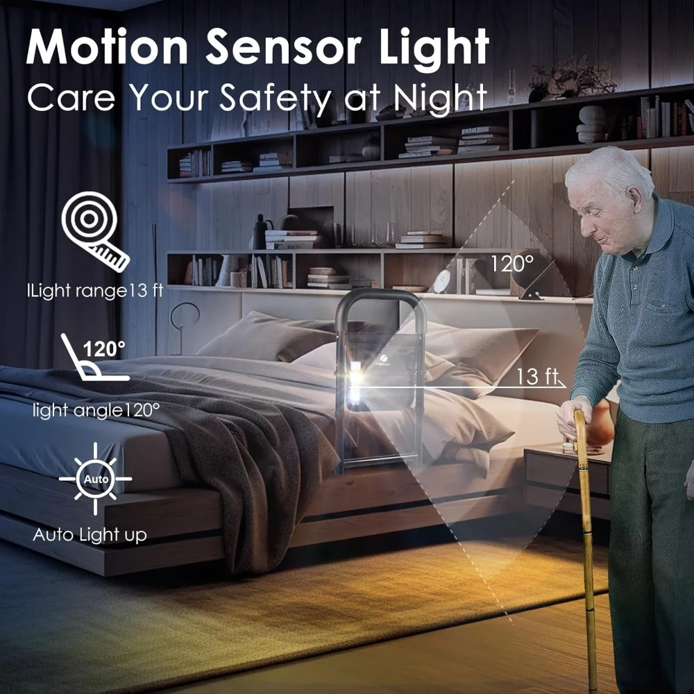 Elderly Bed Safety Rail with Motion Light & Storage Pockets, Adjustable Height, Tool-Free Installation, Supports 300lbs