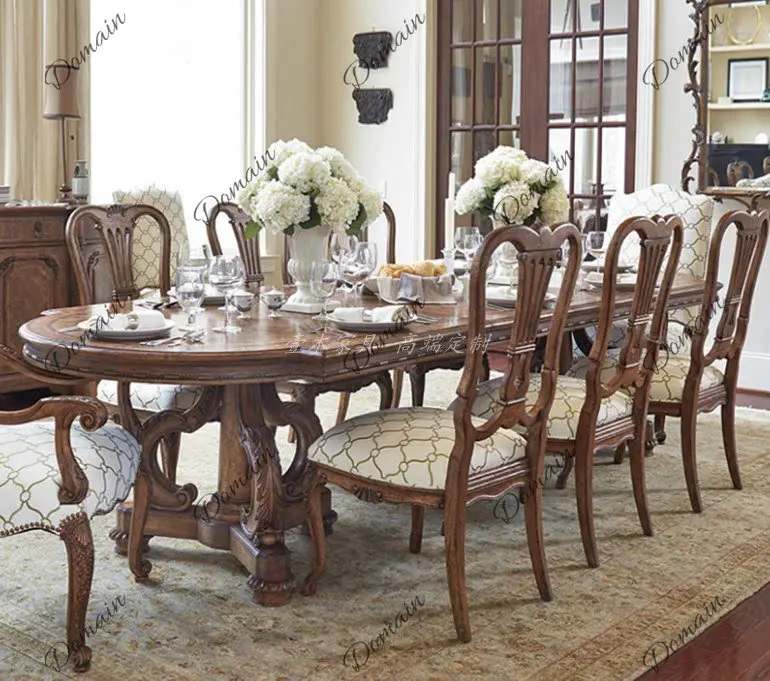 Exquisite classical old and retractable solid wood dining table villa home carved banquet table chair side cabinet