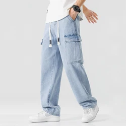 Streetwear Men's Loose Wide Leg Jeans Spring Fashion Big Pockets Casual Straight Drawstring Cargo Pants Blue Black