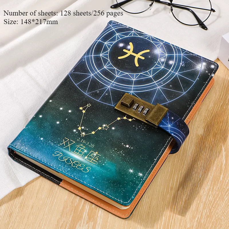 A5 Twelve Constellations Password Book Diary with Lock Birthday Gift Notepad Retro Creative Hand Book