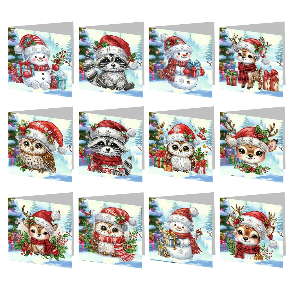 2/6/12Pcs Winter Christmas DIY Diamond Painting Card Rhinestone Painting Card Kit Diamond Painting Greeting Card for Adults Kids