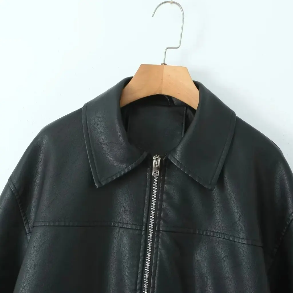 Jaqueta de couro grande feminina outono retro estilo americano high-end rua-frito estilo hong kong couro do plutônio bonito outerwear