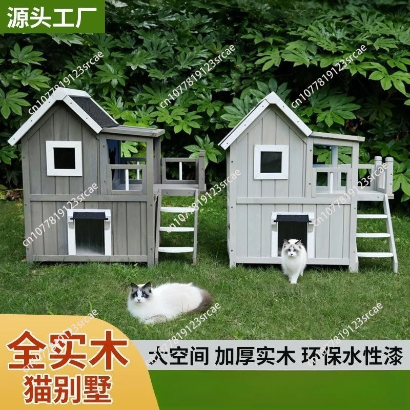 Four Seasons Universal Summer Cat House Villa Outdoor Double Layer Solid Wood Household Cat House Cage Wooden House