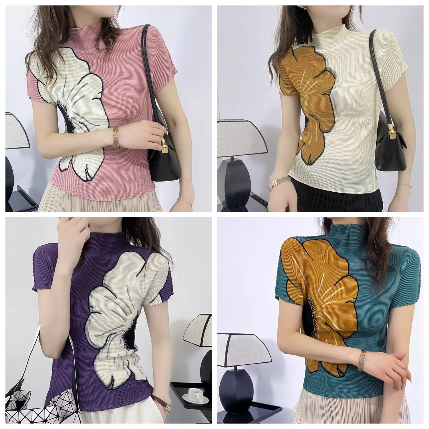 

Miyake Pleated New Short Sleeved T-shirt for Women, Simple Style, Elastic Fashion, Printed, Slim Fit, Versatile Top, T-shirt