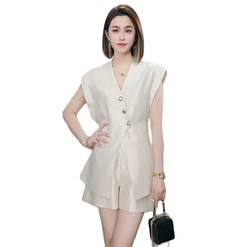 Fashion Summer Office Ladies Two Piece Set 2025 New High Quality Women V Neck Single Breasted Split Tops + Wide Leg Shorts Suits