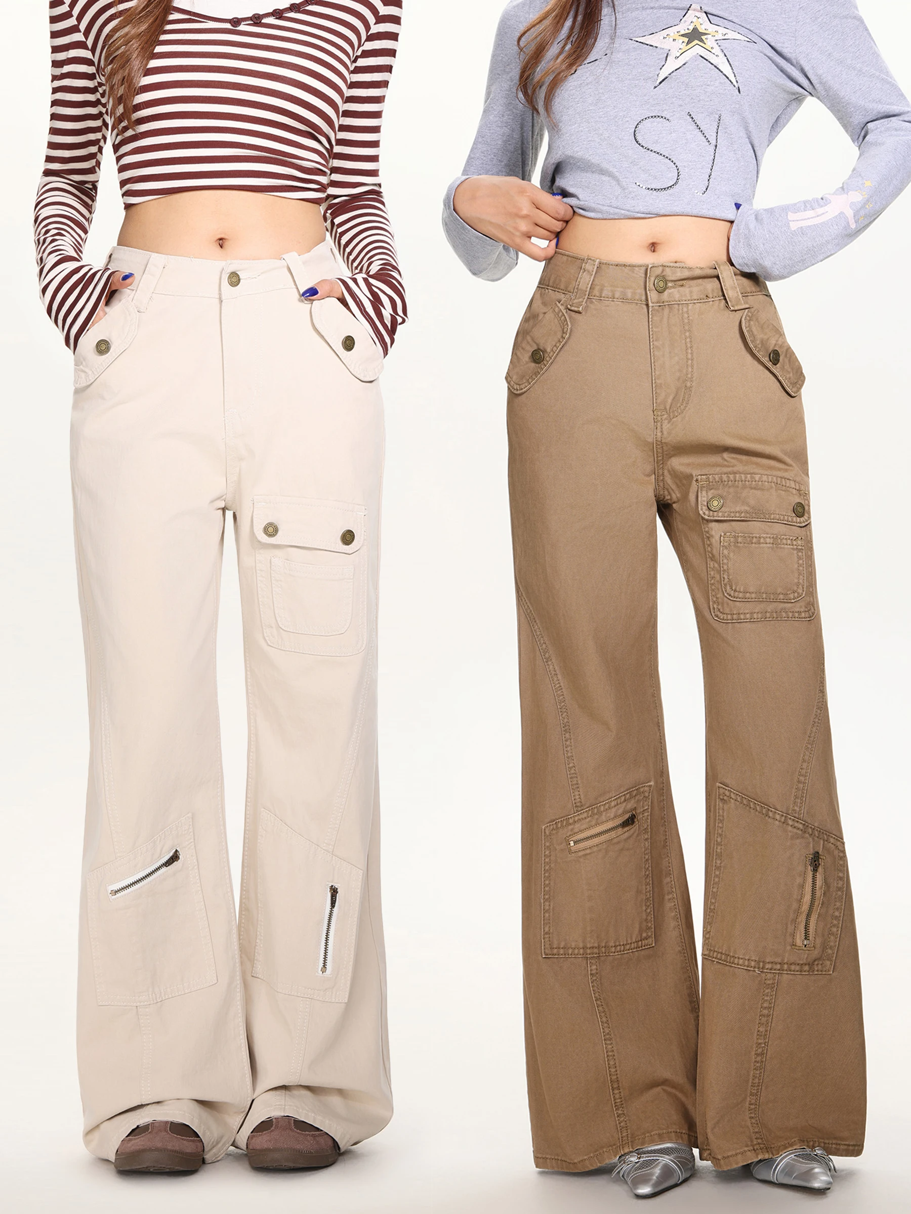 

November American Straight Leg Bell Bottom Pants Women's Spring Autumn Retro Washed Workwear Slimming Concealing Patchwork