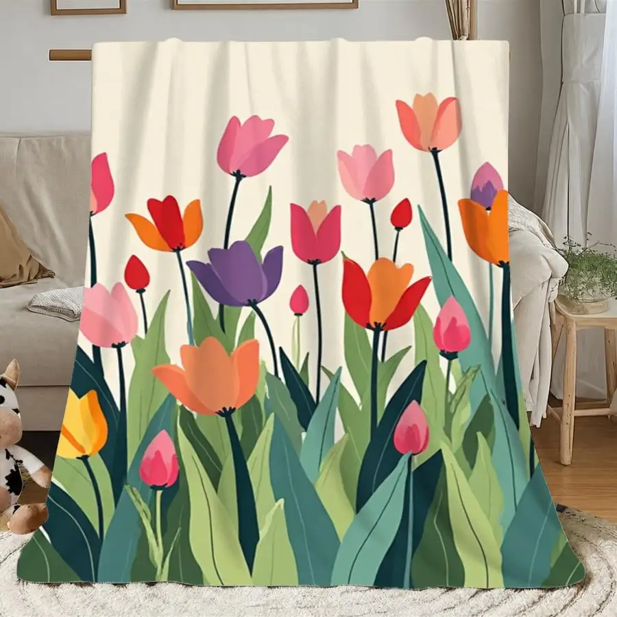 1pc Warm Premium Flannel Blanket with Vibrant Pastel Tulip Field Design, Soft 280GSM Decorative Throw for All Seasons Perfect as Home Decoration & Holiday Gift Choice.