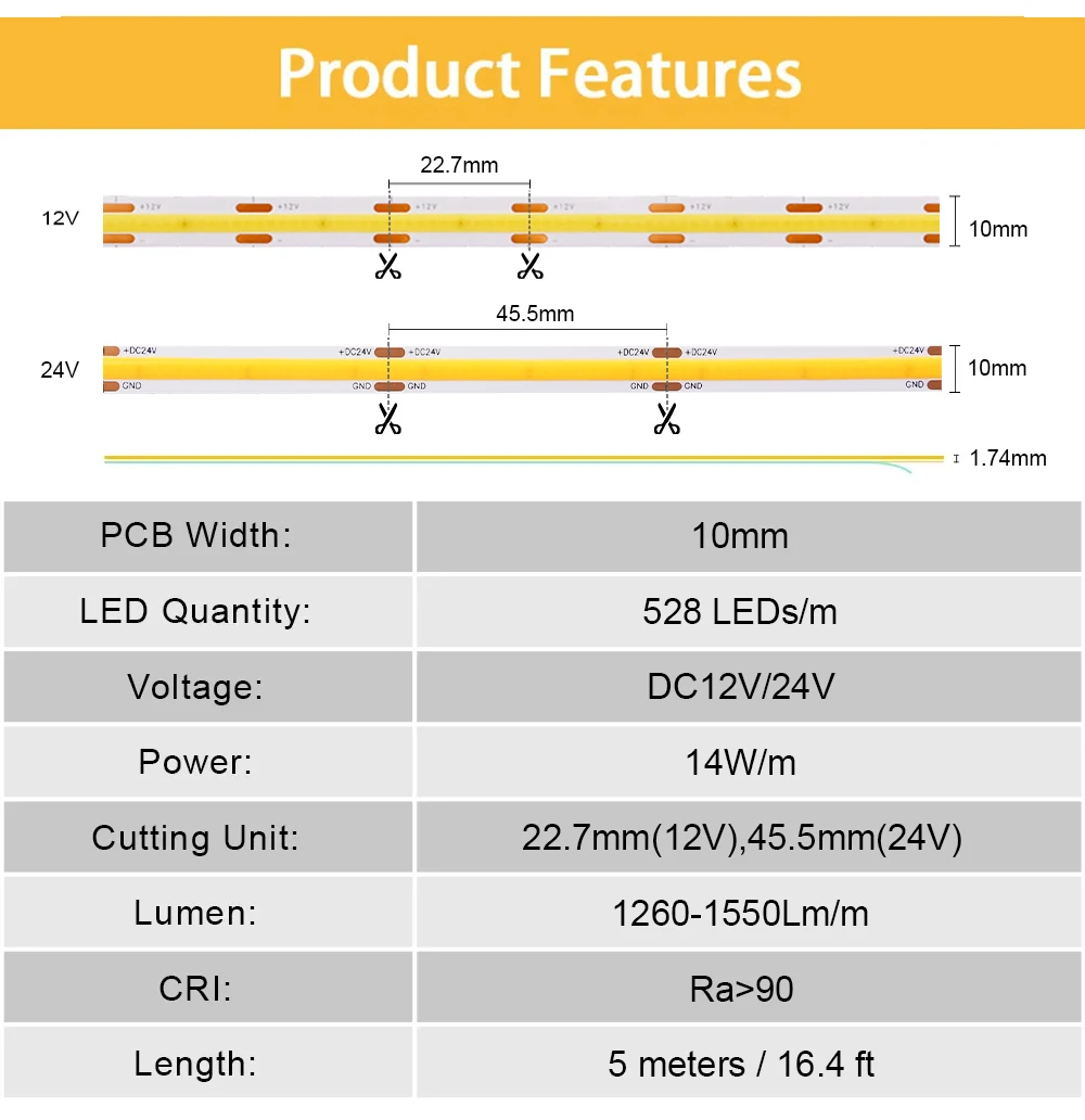 الخطي عكس الضوء 24 فولت 12 فولت COB LED قطاع ضوء 10 مللي متر 528 المصابيح مرنة LED الشريط الشريط RA90 لغرفة ديكور 3000 كيلو 4000 كيلو 6500 كيلو الإضاءة #6