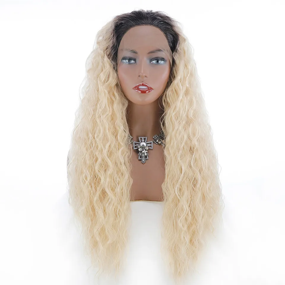 

Synthetic Lace Wig For Black Women Deep Wave Curly Wig Blonde Cosplay Wig 26Inch Ombre Lace Wigs High Temperature Fiber Wear