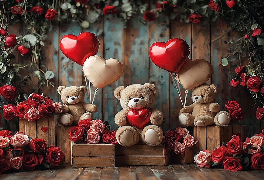 Mehofond Photography Background Valentine's Day Floral Retro Room Cute Bear Kids Birthday Portrait Decor Backdrop Photo Studio