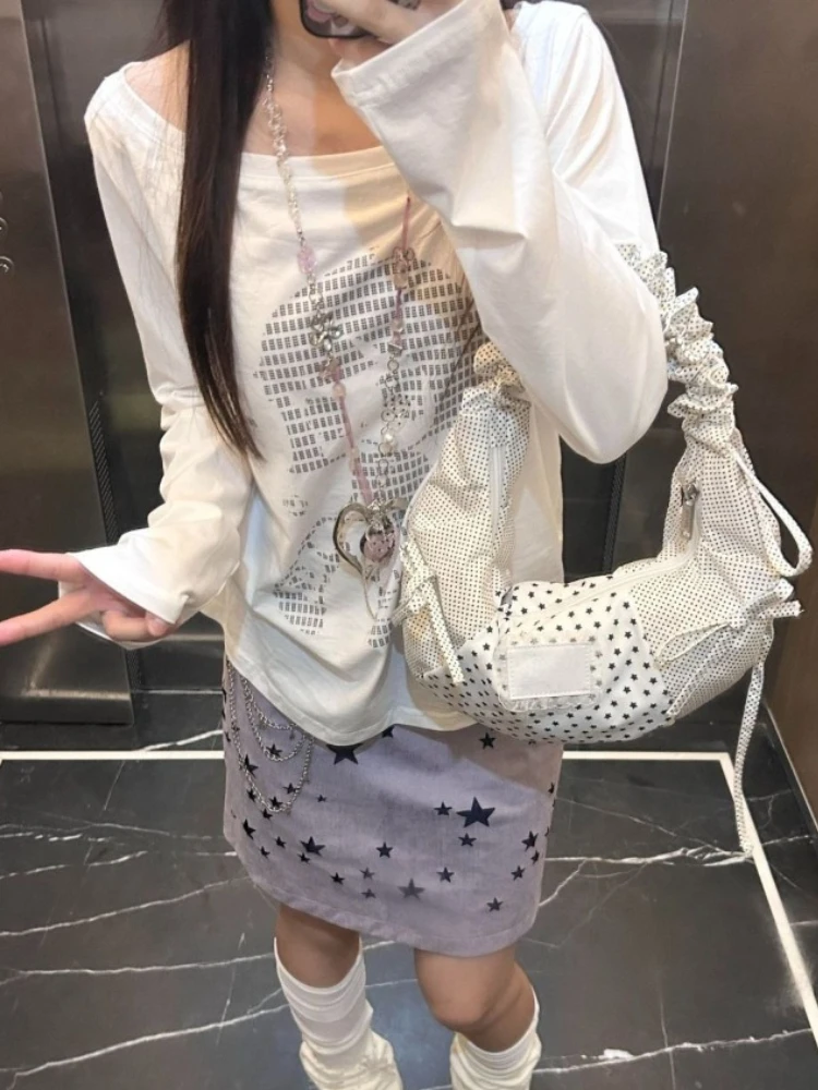 Deeptown Casual Białe Koszulki Graficzne Damskie Harajuku Vintage Koszulka z Długim Rękawem Y2k Gotycka Luźna Koszulka z Nadrukiem Kreskówkowym Streetwear